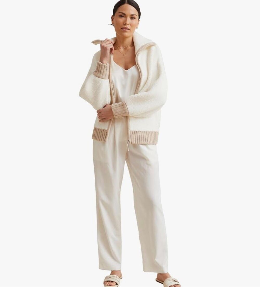 Kashwere Women's Cozy Plush Full Zip Ribbed Trim Jacket Cream Tan Small NWT